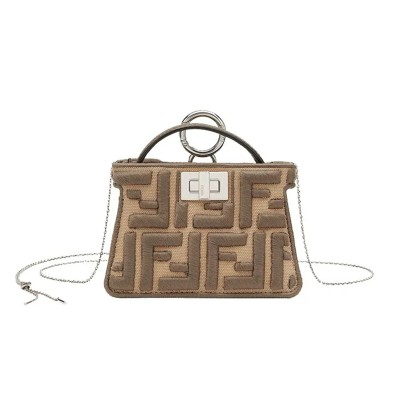 FENDI CANVAS VITELLO VOLANATO FF EMBROIDERED PICO PEEKABOO CHARM SAND TARTUFO 7AR993AHWGF1F2U (13*10*5cm)